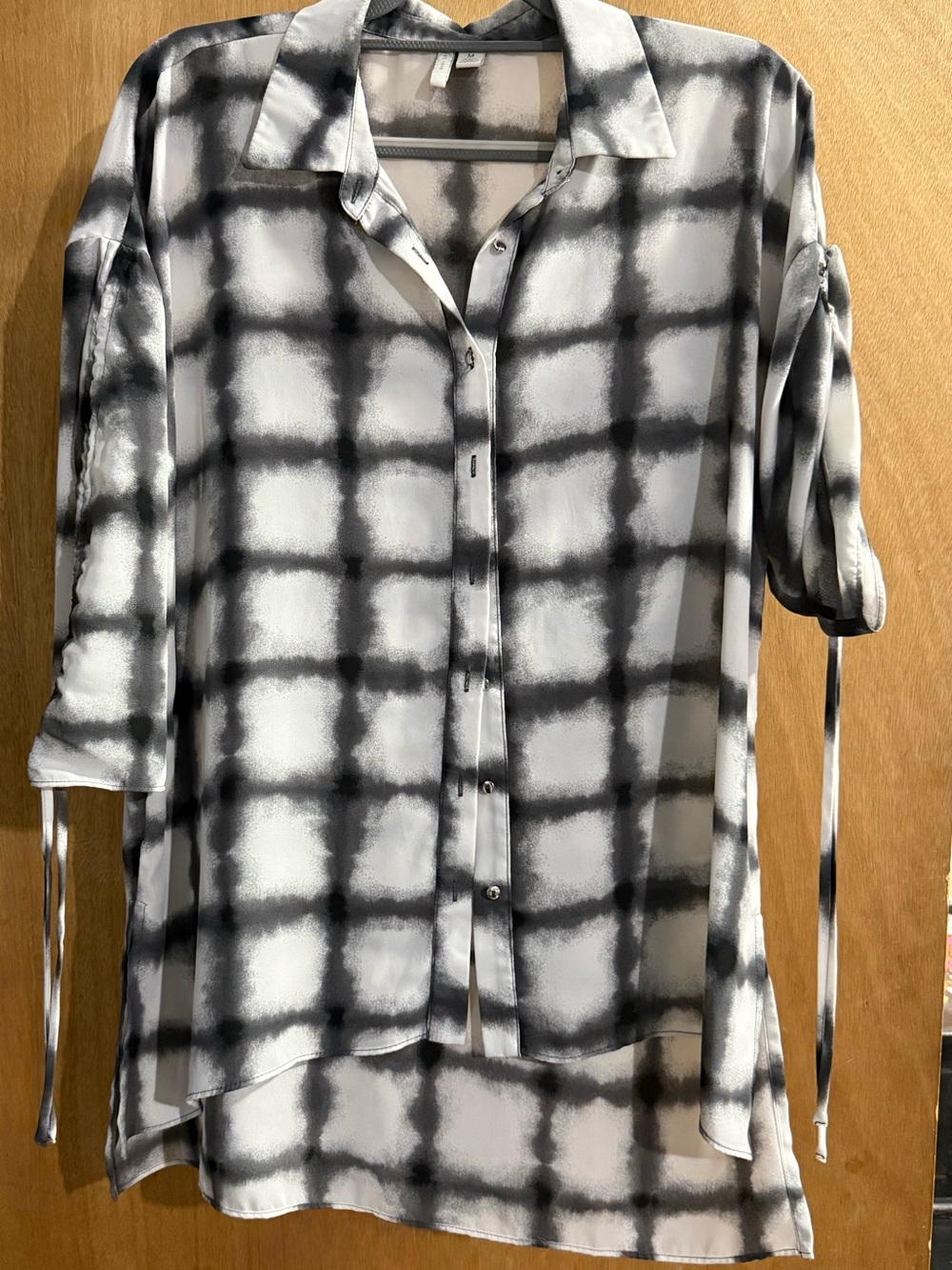 Cato Black and White Plaid Roll-Tab Button Blouse
